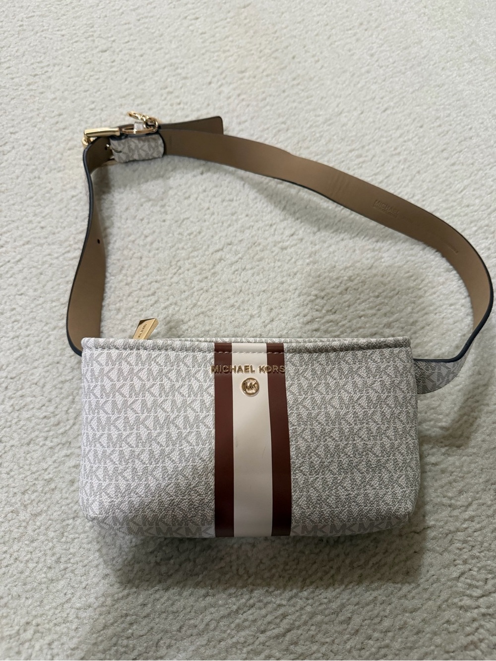 Michael Kors White and Brown Logo Stripe Crossbody Bag